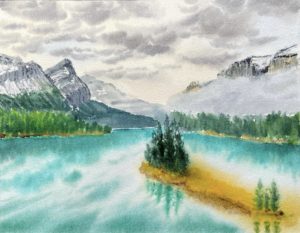 Emerald lake -Watercolor Painting 9X12 by QI HAN art