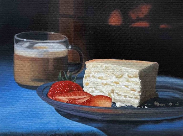 Cheese cake still life in oil by Qi Han Art