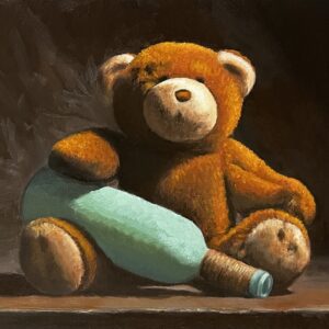 Teddy bear and bottle oil painting by Qi Han