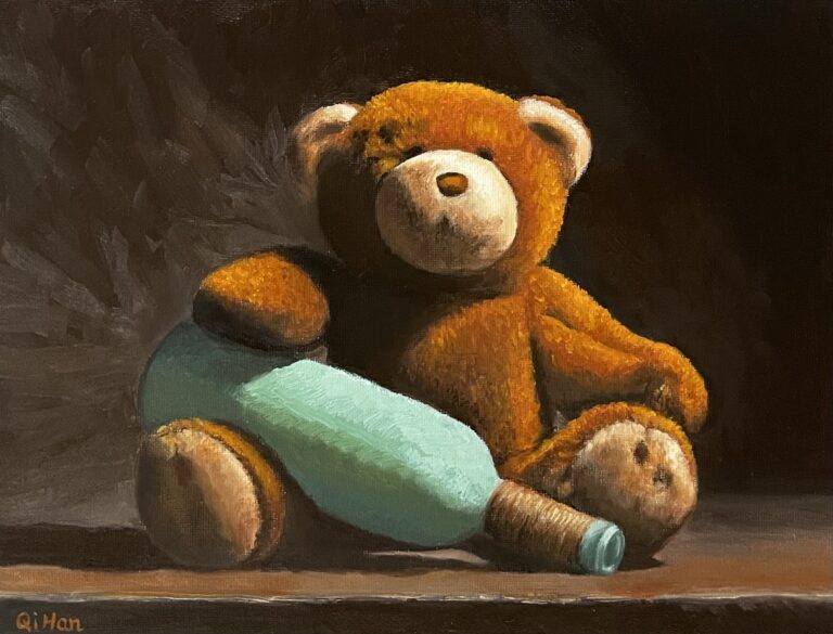 Teddy bear and bottle oil painting by Qi Han