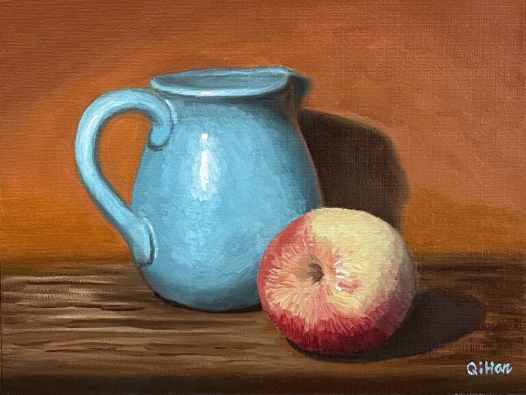 Turquoise jug and apple oil painting by Qi Han