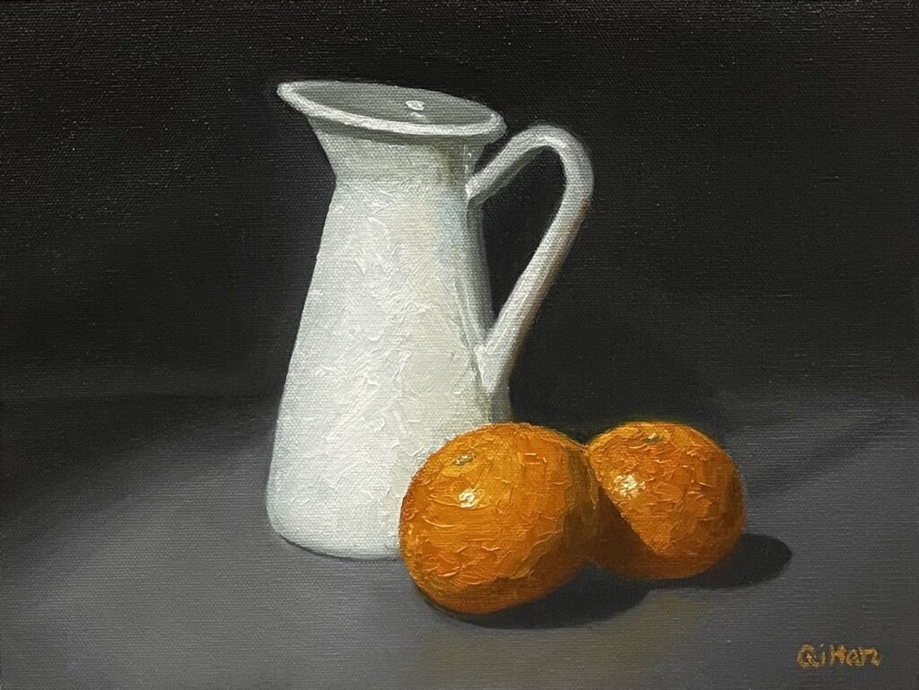 White jug and oranges oil painting by Qi Han