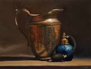Vintage jug and perfume bottle oil painting by Qi Han