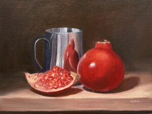 qi han oil painting pitcher and pomegranate 9x12