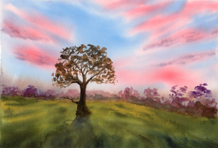 Qi han watercolor field with lonely tree