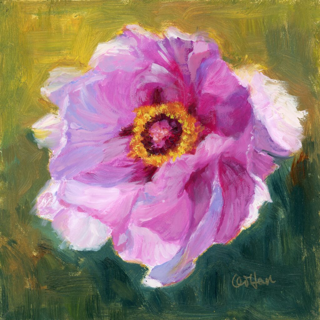 qi han oil painting of a purple pink peony on a green background