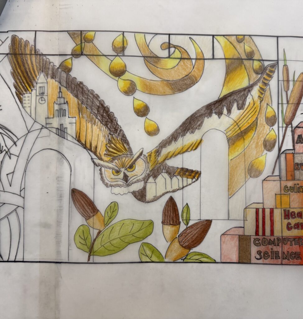 qi han original mural design of owl surrounded by plants and patterns.