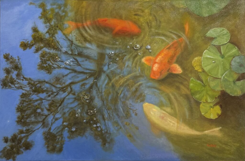 qi han oil painting of a reflection of a tree in the fish pond with three koi fish and some lily pads