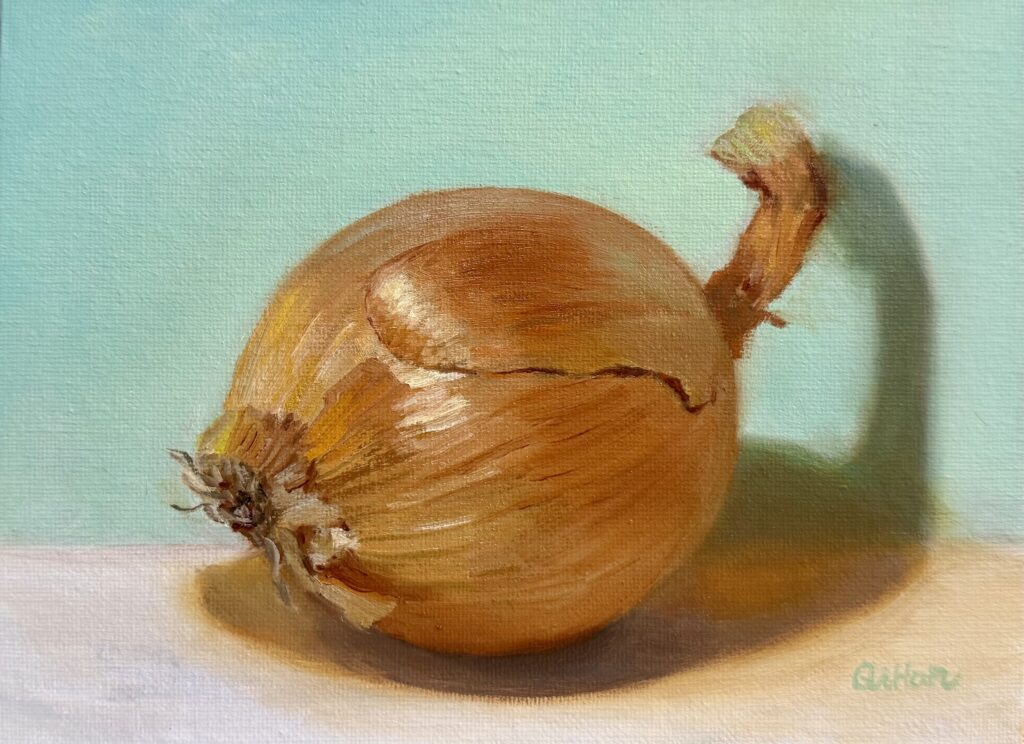 qi han oil painting of a single onion on a light green background