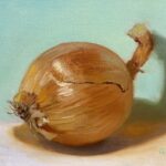 qi han oil painting of a single onion on a light green background