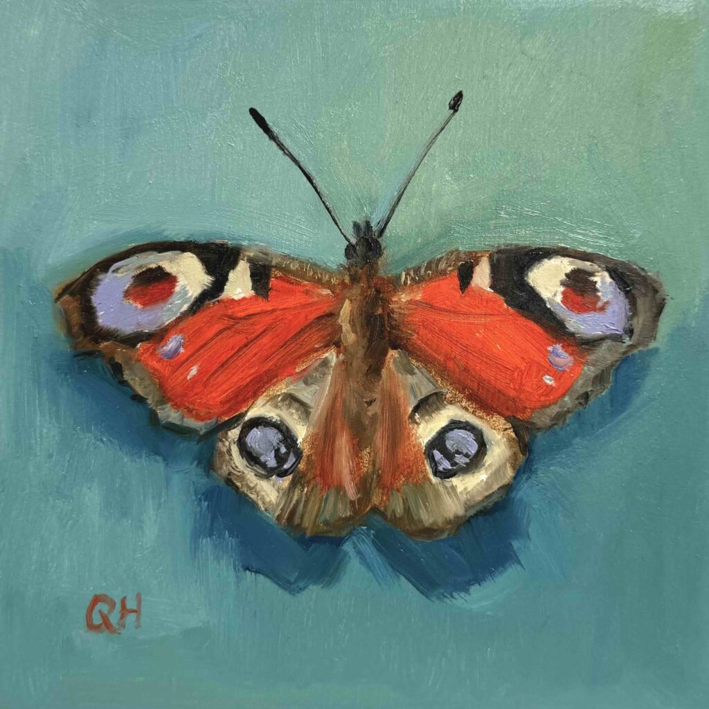 qi han oil painting orange butterfly on a blue green background