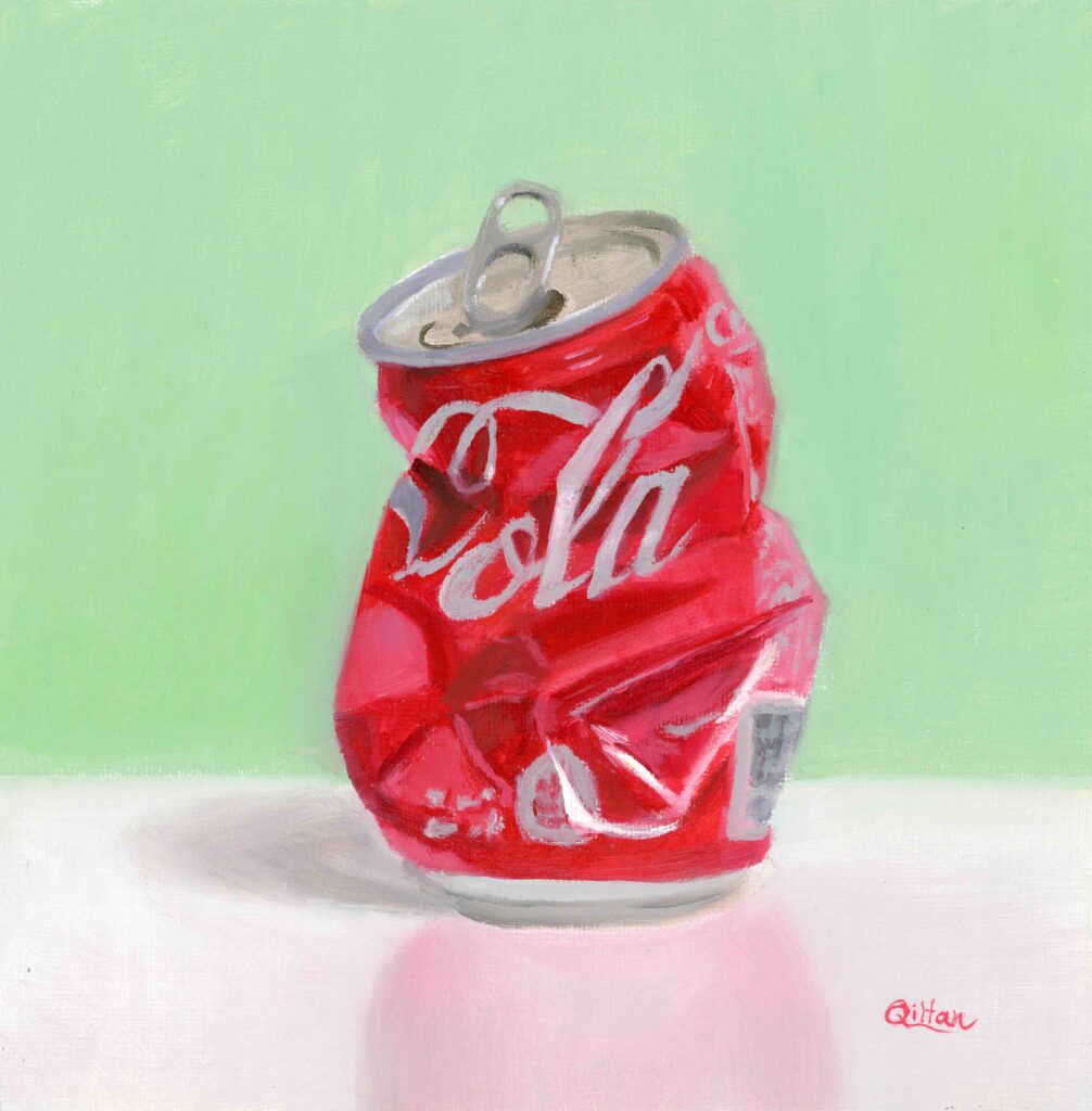qi han oil painting of crushed red coke can on a white table against a light green background